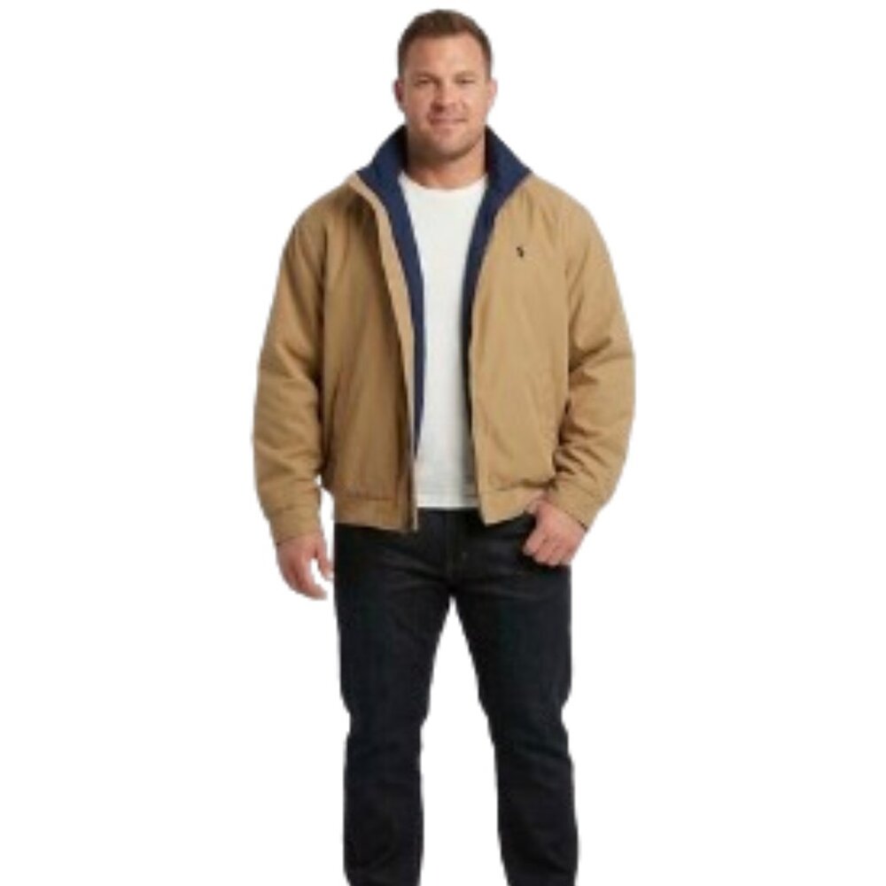 Ralph Lauren Polo Men's Jacket Khaki Navy Fleece Lining Full Zip Roll-up Hood XL